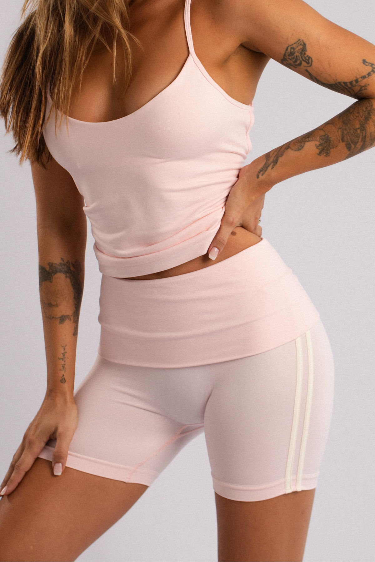Retro Striped Fold-Over Waist Shorts Pink