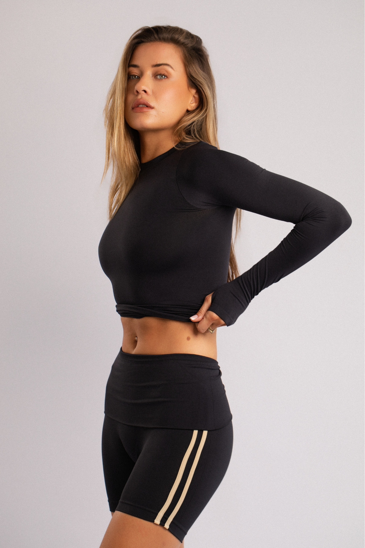 Retro Striped Fold-Over Waist Shorts Black