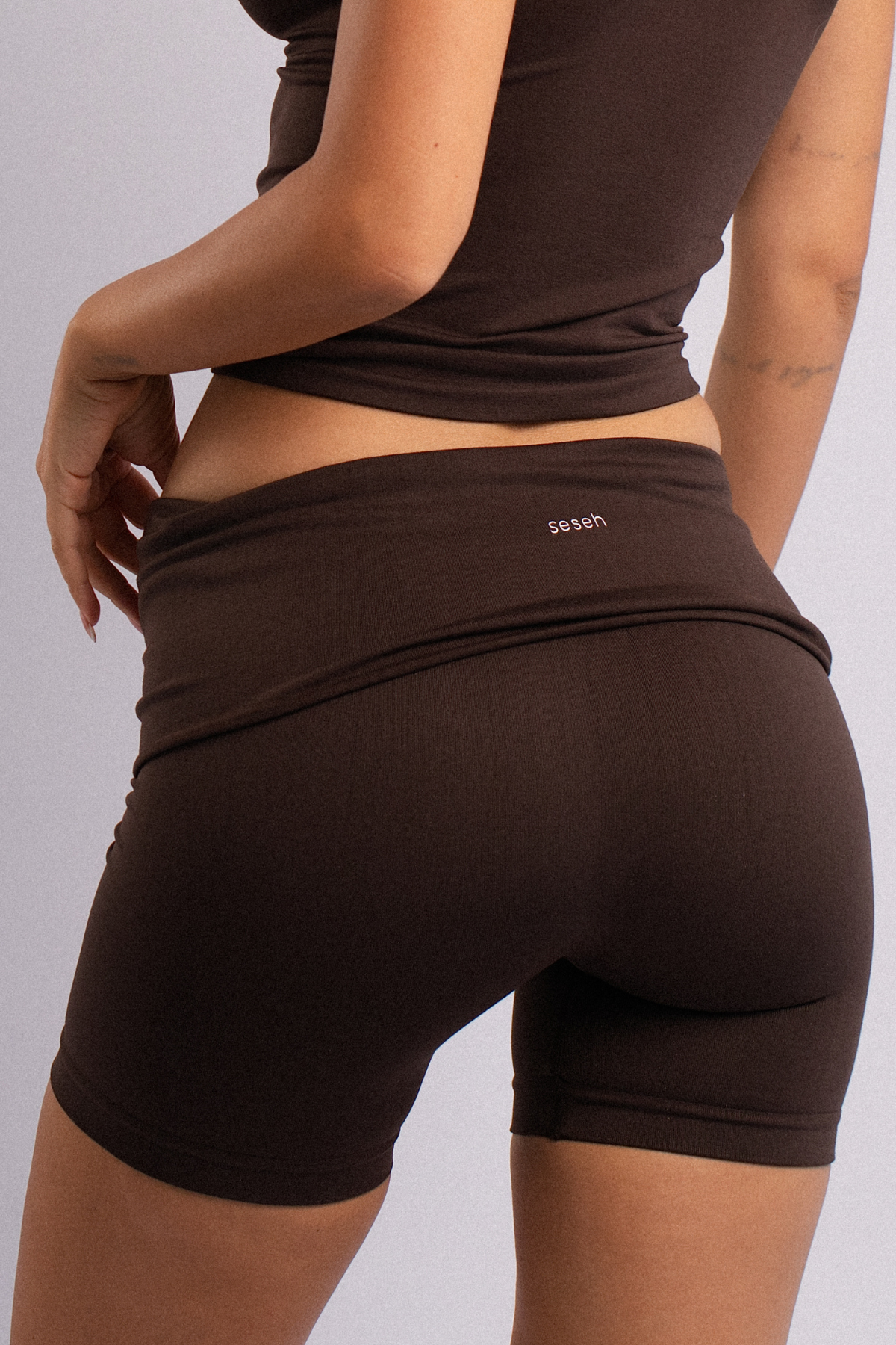Fold-Over Waist Shorts Brown