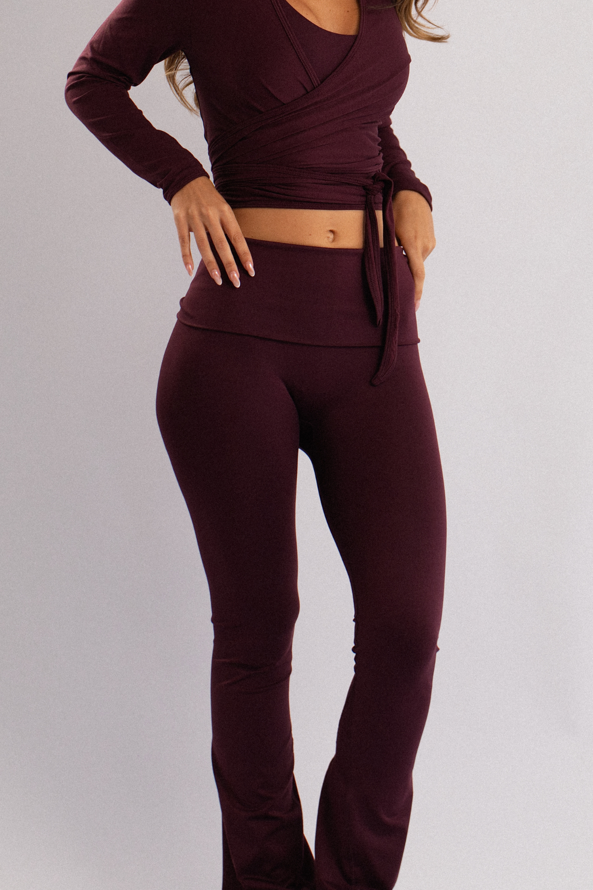 Fold-Over Waist Flare Leggings Burgundy
